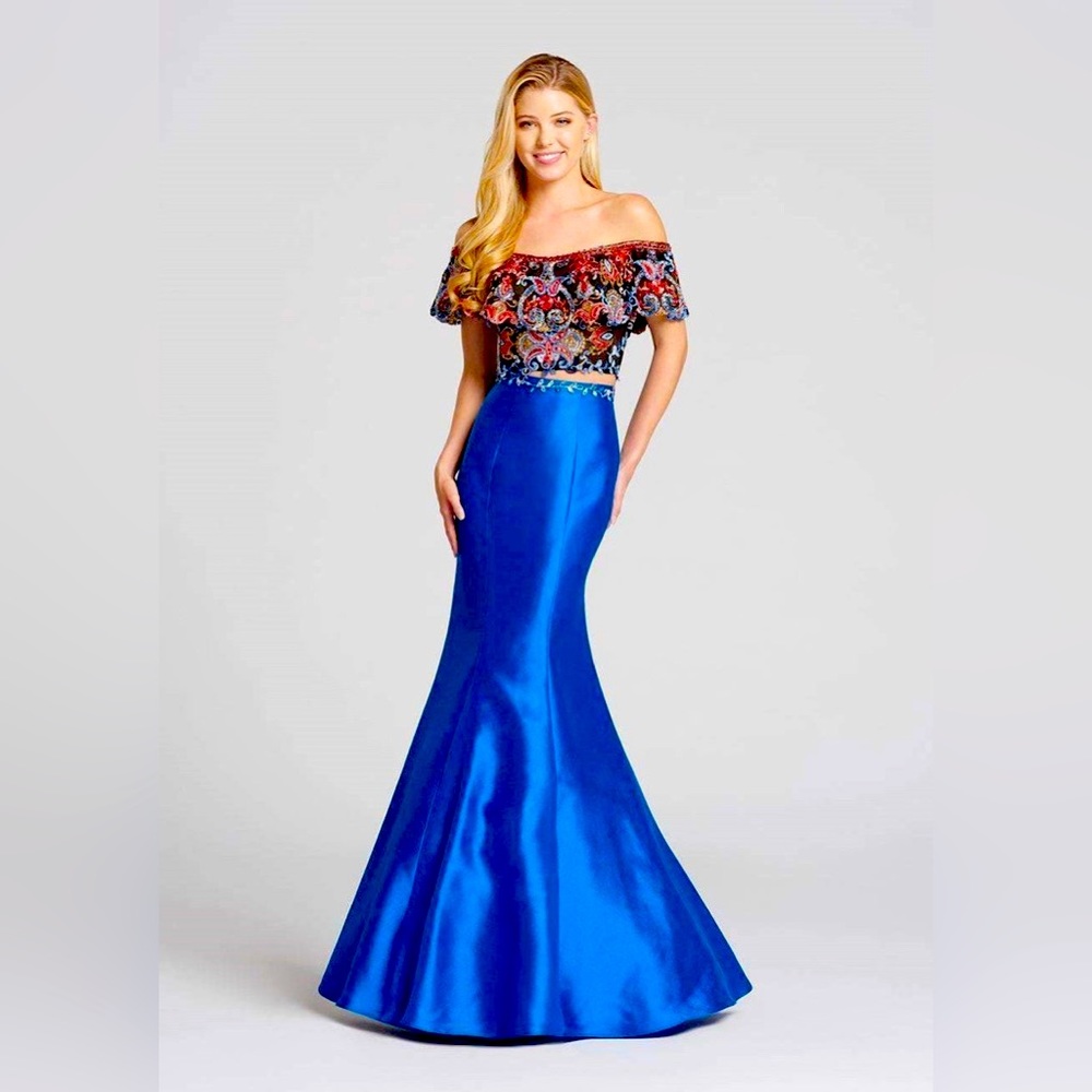 Ellie Wilde Mon Cherie 2 Piece Prom Dress Size 0 Royal Blue/Multi-Floral